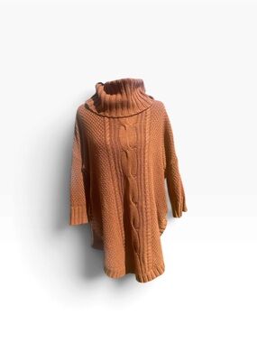 Express Womens S Brown Cable Knit Cowl Neck Oversized Poncho Sweater Tunic Fall